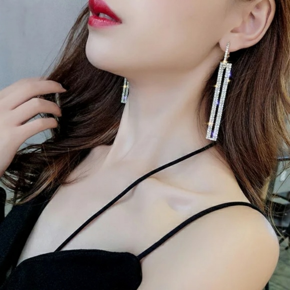 Long Rhinestone Silver Rectangle Dangle Earrings - Picture 4 of 7